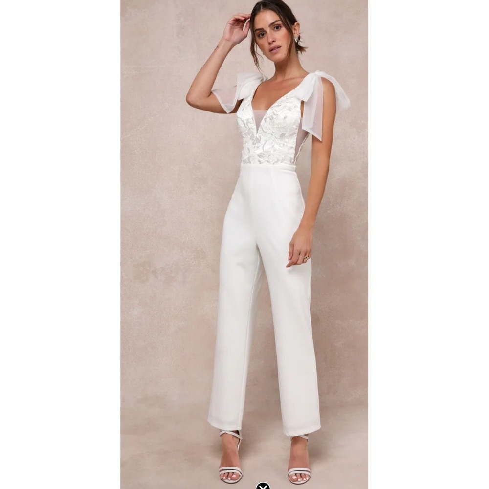 Lulus Jumpsuit Sz M White Mesh Embroidered Tie Strap Bridal Wedding Bachelorette